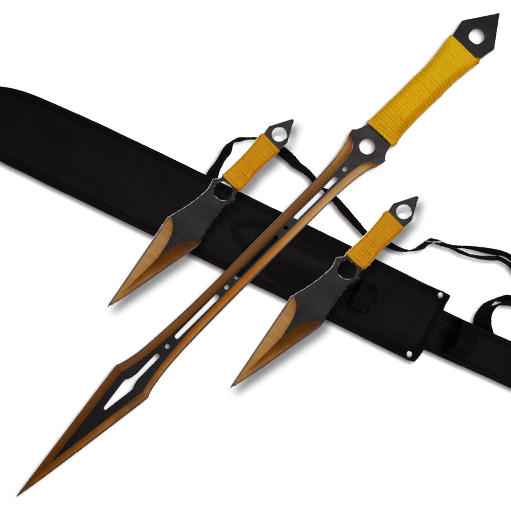 GOLD NINJA WARRIOR  SWORD 27" OVERALL 2 PCS THROWING KNIFE SET
