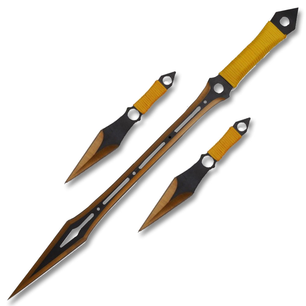 GOLD NINJA WARRIOR  SWORD 27" OVERALL 2 PCS THROWING KNIFE SET