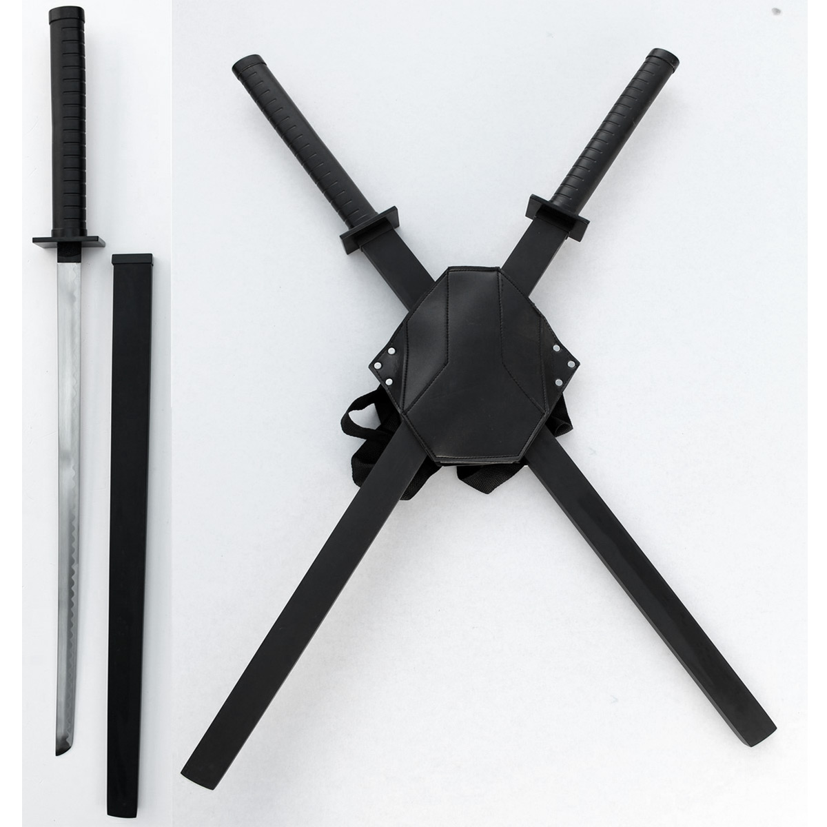 Deadpool Dual Two Ninja Swords with Wood Saya's & X-Harness Back Carry Rig