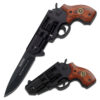 Gun Style Tactical Spring Assisted Knife Pakka Wood Handle Black Blade