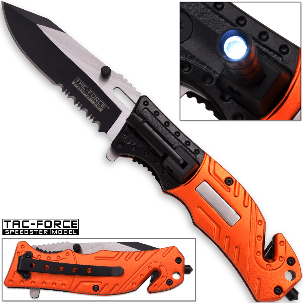 8in TAC Force EMT Hi-Vis Rescue Flashlight Pocket Knife Spring Assisted Folding