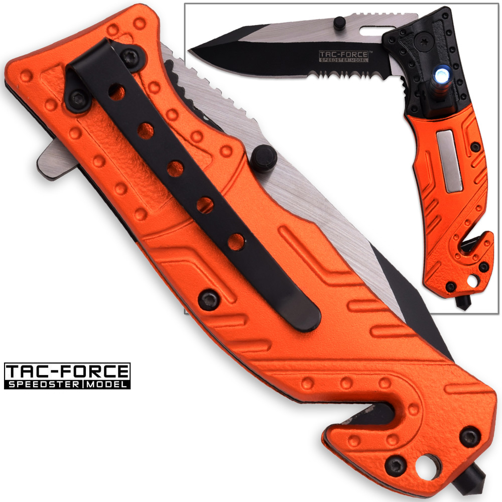 8in TAC Force EMT Hi-Vis Rescue Flashlight Pocket Knife Spring Assisted Folding