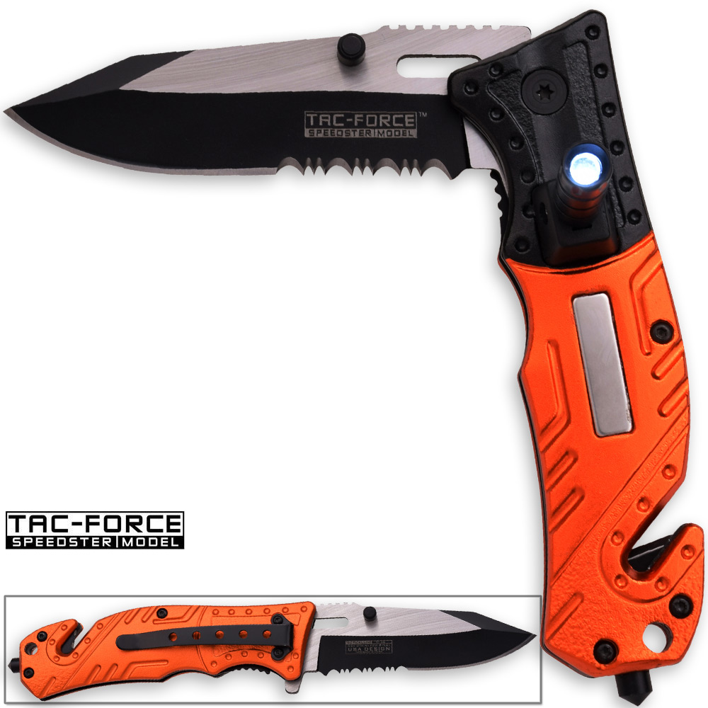 8in TAC Force EMT Hi-Vis Rescue Flashlight Pocket Knife Spring Assisted Folding
