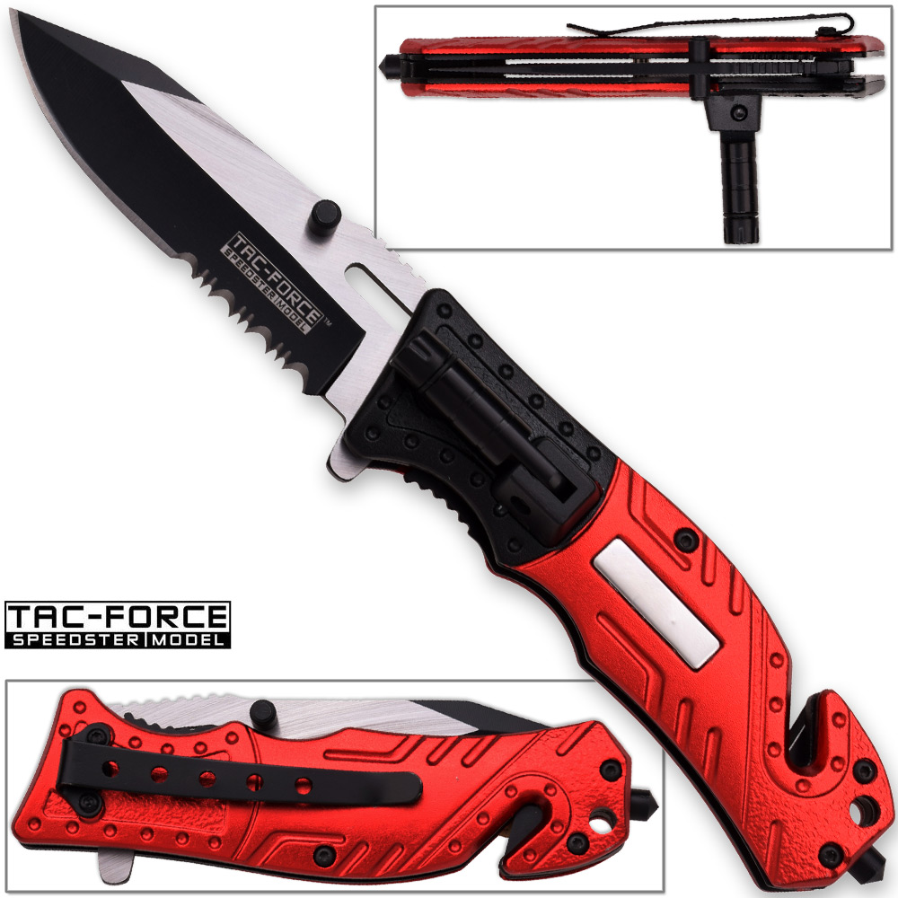 8in TAC Force Firefighter Rescue Flashlight Pocket Knife Spring Assisted Folding Red