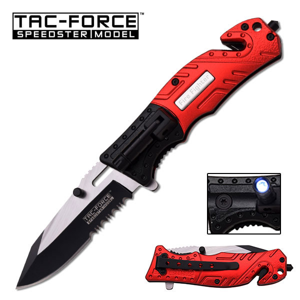 8in TAC Force Firefighter Rescue Flashlight Pocket Knife Spring Assisted Folding Red