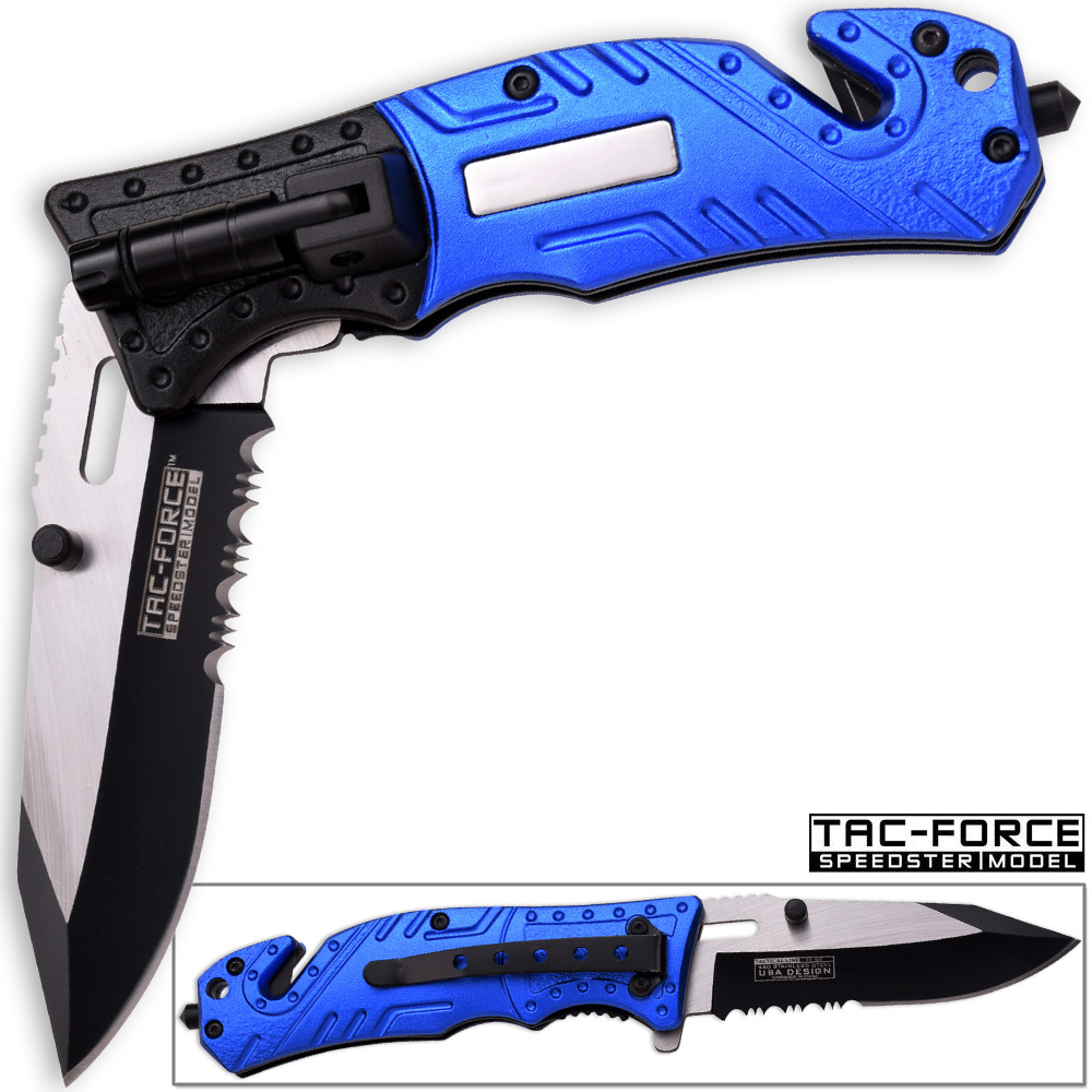 8in TAC Force Police Rescue Flashlight Pocket Knife Spring Assisted Folding Blue