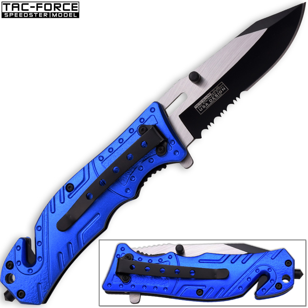 8in TAC Force Police Rescue Flashlight Pocket Knife Spring Assisted Folding Blue
