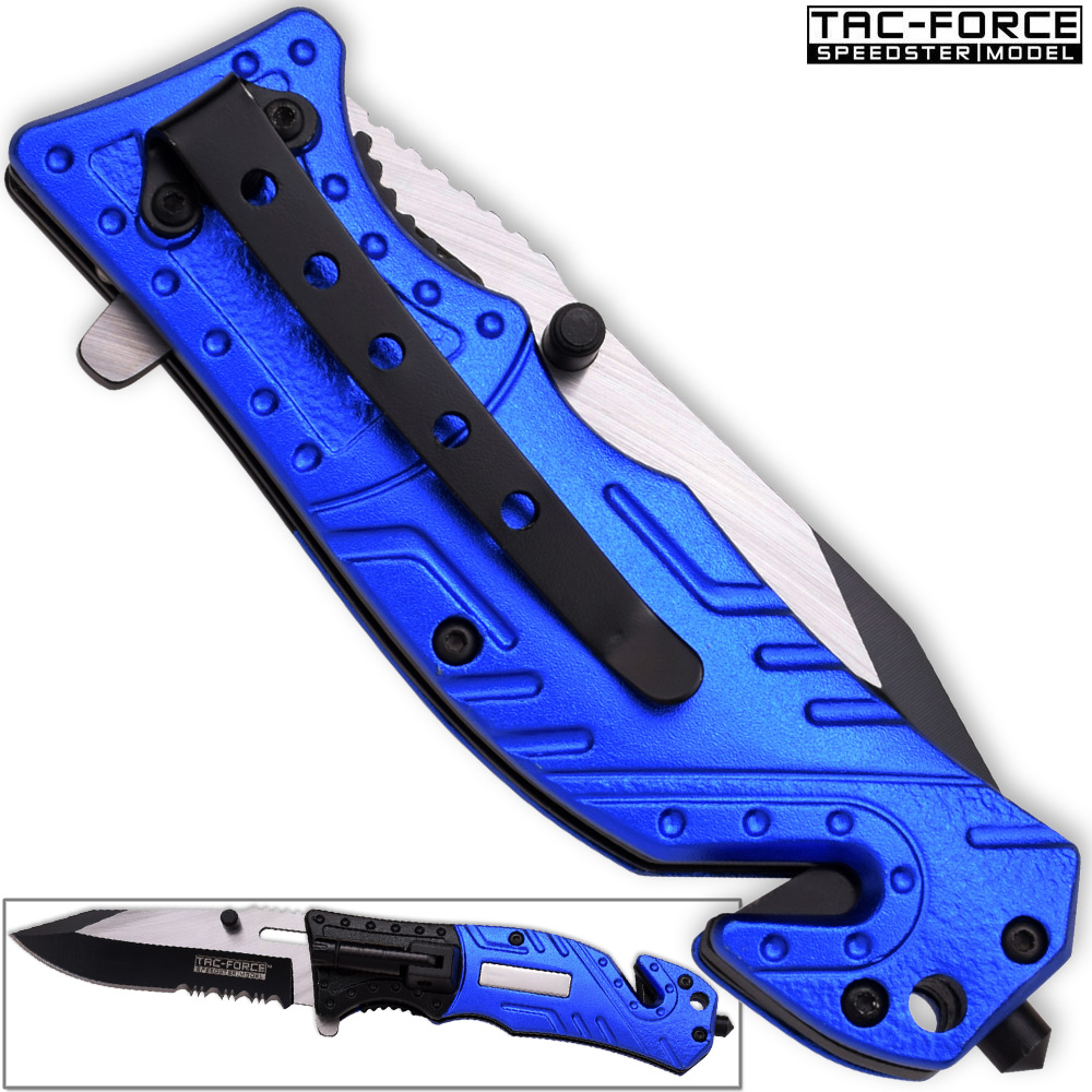 8in TAC Force Police Rescue Flashlight Pocket Knife Spring Assisted Folding Blue