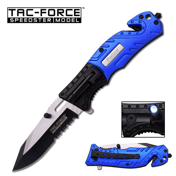 8in TAC Force Police Rescue Flashlight Pocket Knife Spring Assisted Folding Blue