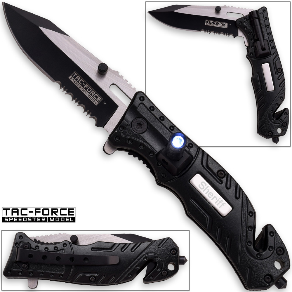 8in TAC Force Sheriff Rescue Flashlight Pocket Knife Spring Assisted Folding LEO
