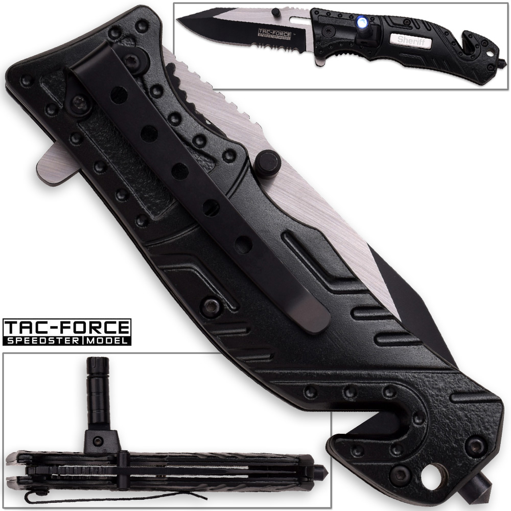 8in TAC Force Sheriff Rescue Flashlight Pocket Knife Spring Assisted Folding LEO