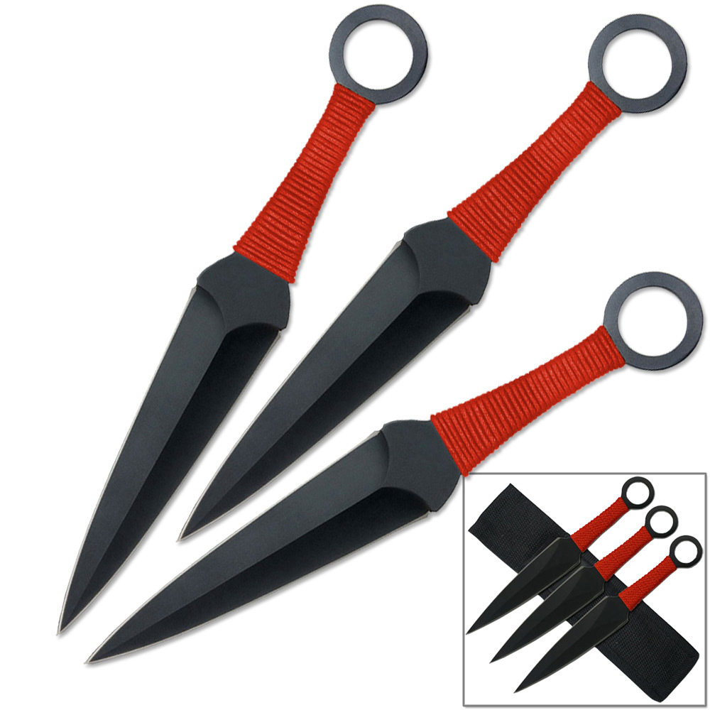 Naruto 9in Kunai Set of 3 Red Ninja Throwing Knives Uzumaki Ship