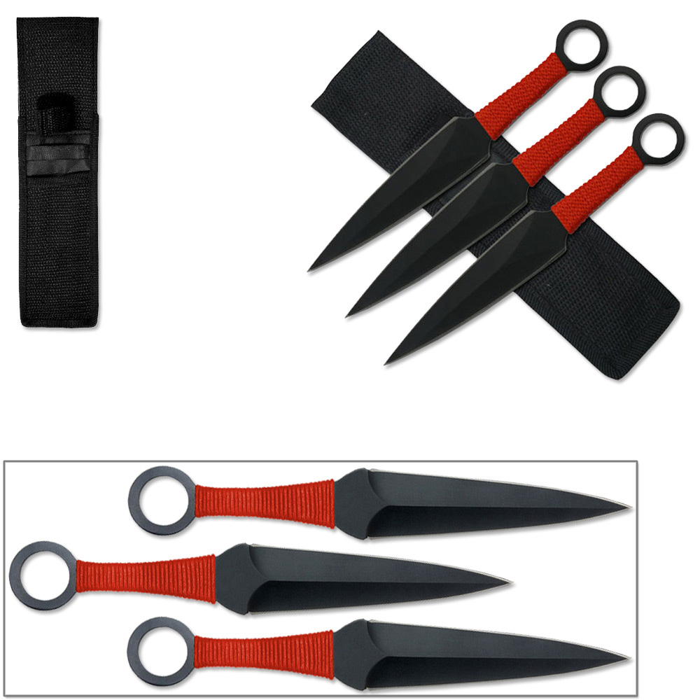 Naruto 9in Kunai Set of 3 Red Ninja Throwing Knives Uzumaki Ship