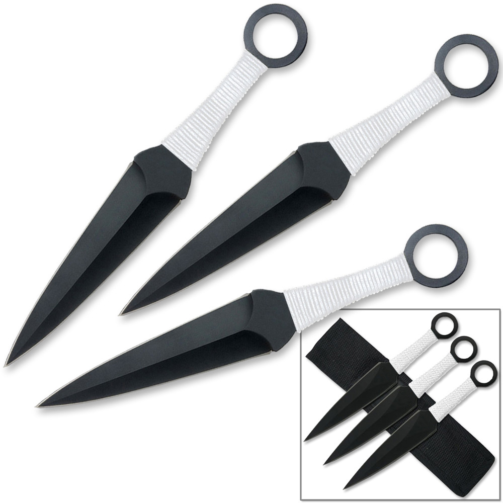 9in Ninja Set of 3 White Throwing Knives