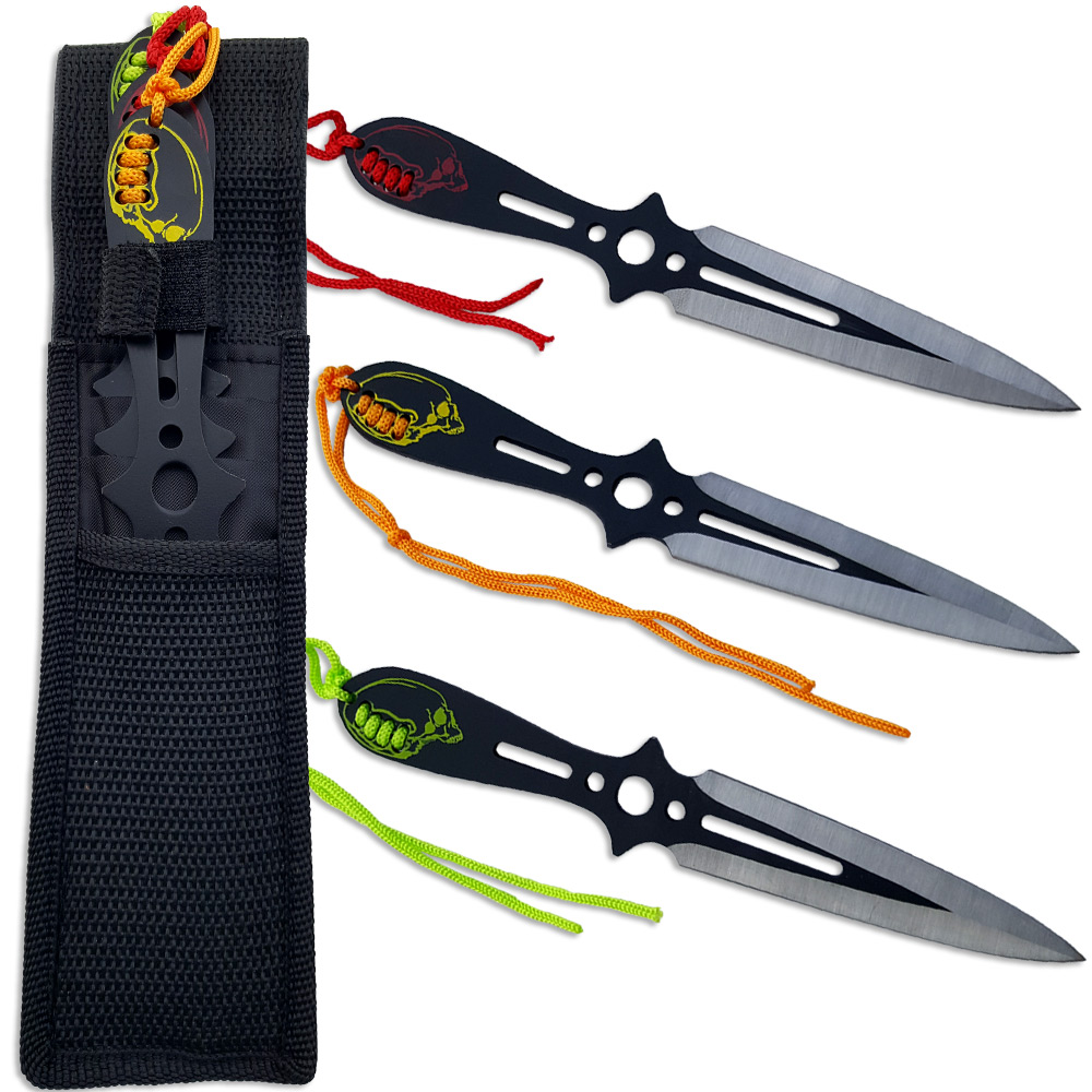 Ninja Throwing Knife Set of 3 Skulls Design Red, Orange, Green