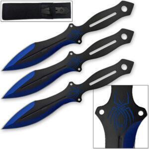 Akuma Arachnid Demon Ninja Throwing Knives 3pcs Set Black Icy Blue Trim Spider