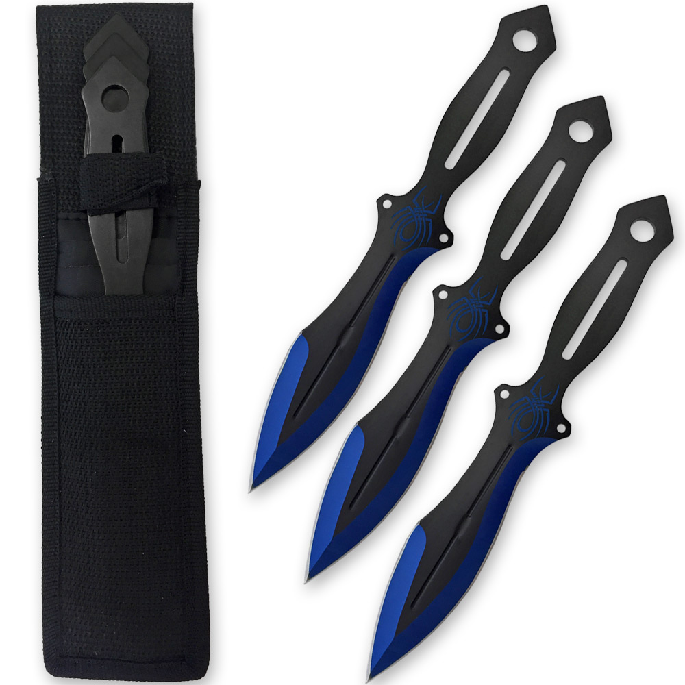 Akuma Arachnid Demon Ninja Throwing Knives 3pcs Set Black Icy Blue Trim Spider