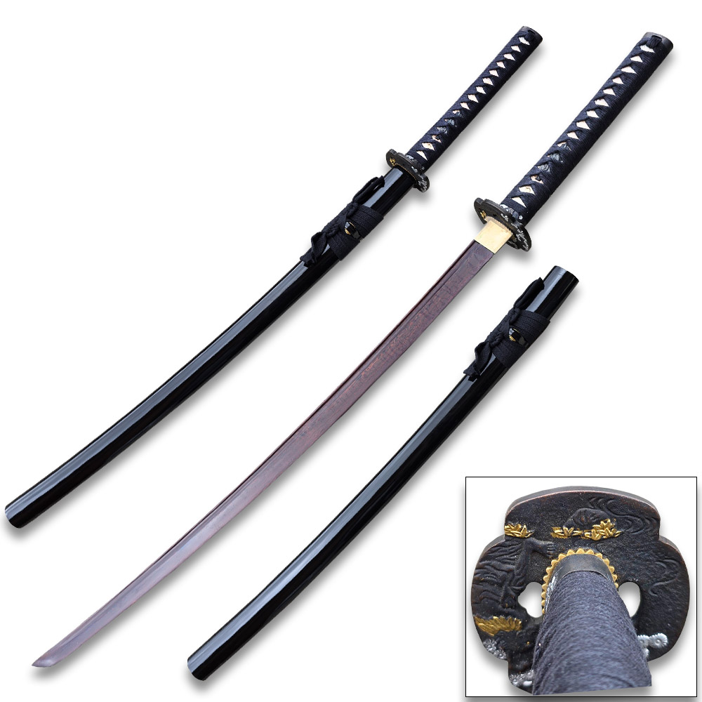 Ten Ryu - Sharp Damascus Steel Katana Sword (Black Handle)