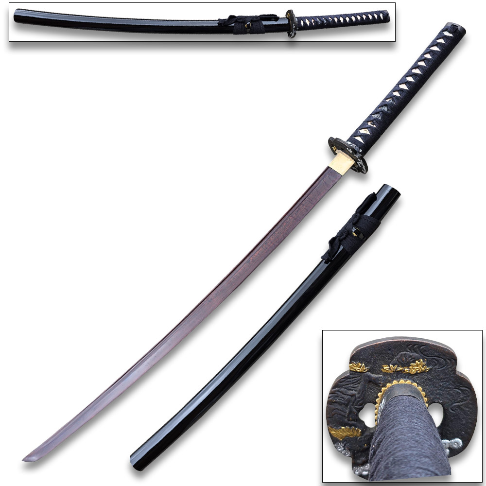 Ten Ryu - Sharp Damascus Steel Katana Sword (Black Handle)
