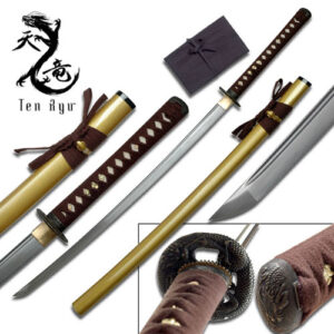 Ten Ryu - Sharp Damascus Steel Katana Sword (Gold Scabbard)