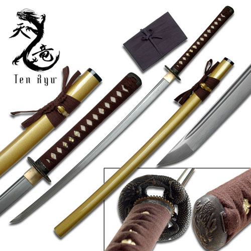Ten Ryu - Sharp Damascus Steel Katana Sword (Gold Scabbard)