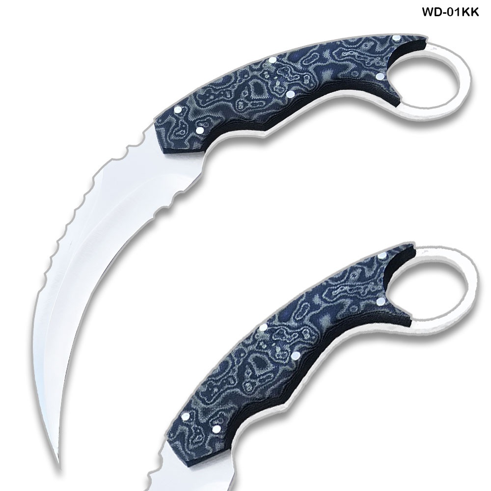 Karambit 9" Full Tang Knife D2 Steel Micarta Blue & Tan Wood Handle