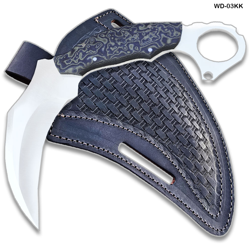 Karambit 13" Full Tang Knife D2 Steel Micarta Blue & Tan Wood Handle