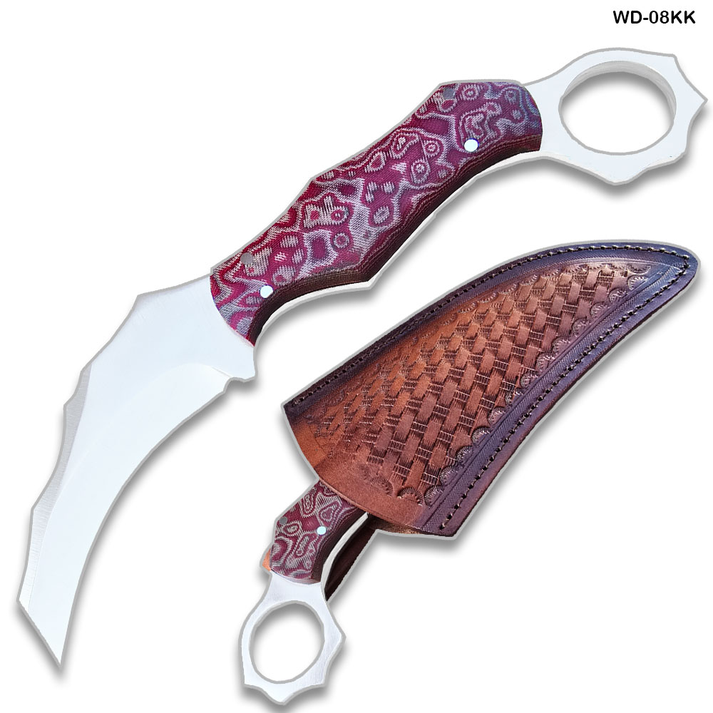 Karambit 8.5" Full Tang Knife D2 Steel Micarta Red & Tan Wood Handle