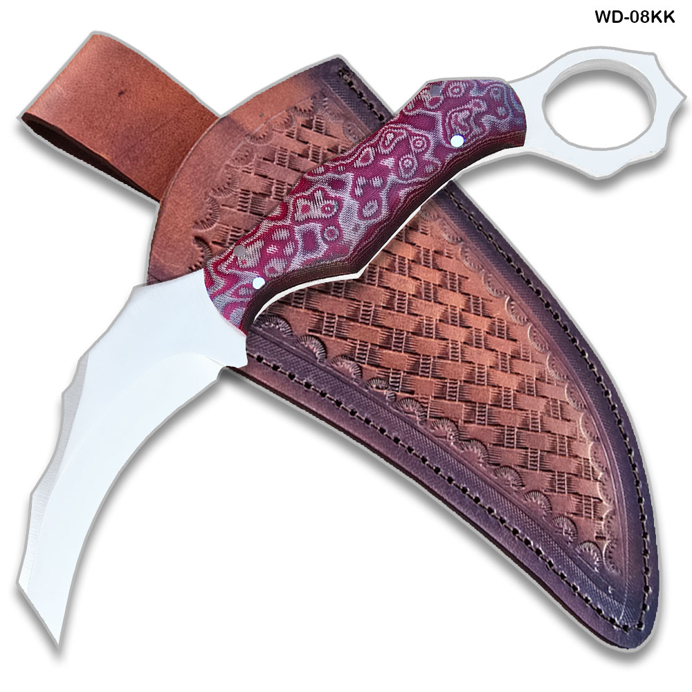 Karambit 8.5" Full Tang Knife D2 Steel Micarta Red & Tan Wood Handle