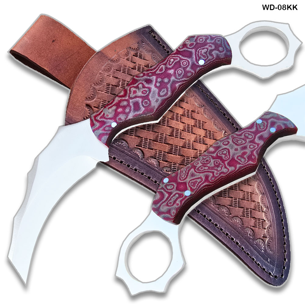 Karambit 8.5" Full Tang Knife D2 Steel Micarta Red & Tan Wood Handle