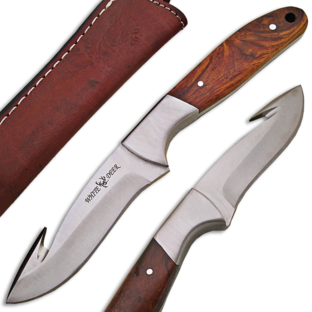 WHITE DEER J2 Steel Hunters Guthook Skinner Knife Wood Grip Drop Point