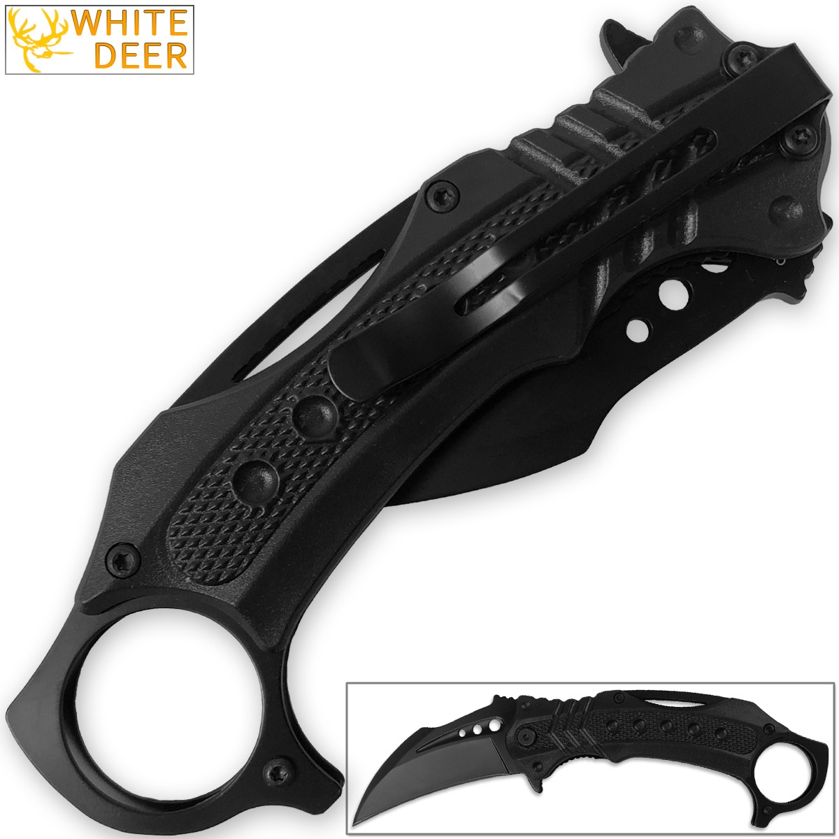 White Deer Tactical Defense Emergency Karambit Knife Lightened Assisted Open Black
