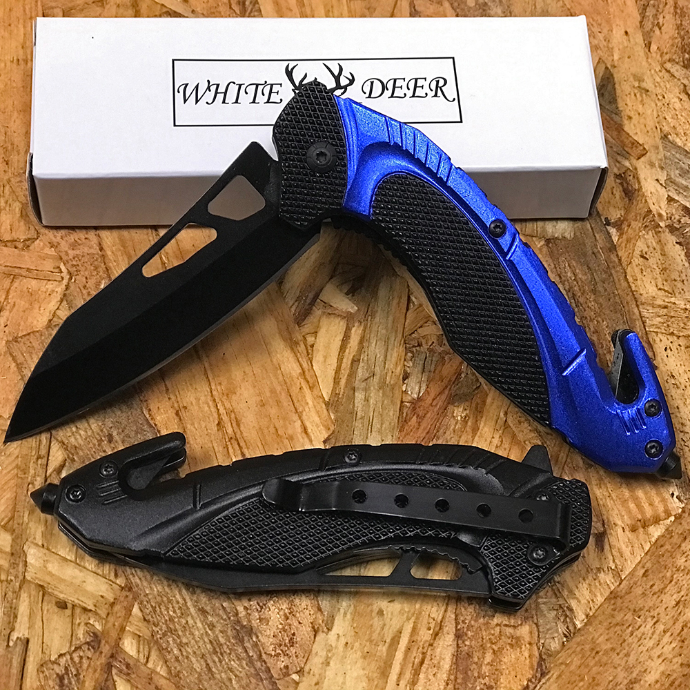 White Deer Tactical Knife With Glass Breaker Blue and Black