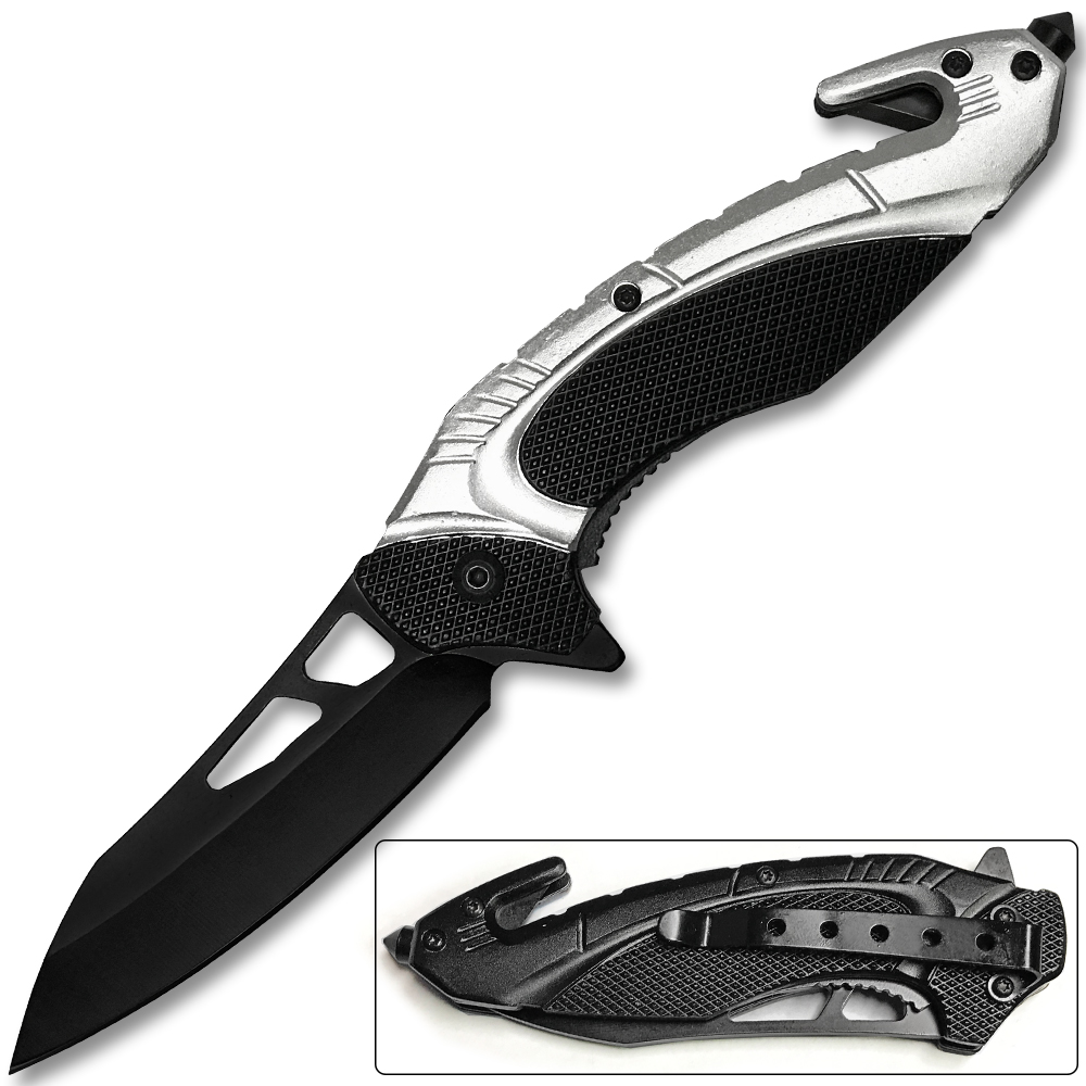 White Deer Tactical Knife With Glass Breaker silver and Black