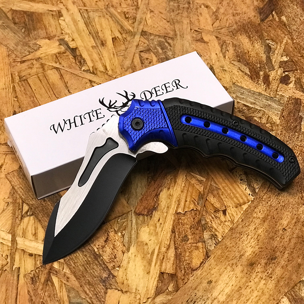 White Deer Tactical Knife Blue and Black Spring Assisted