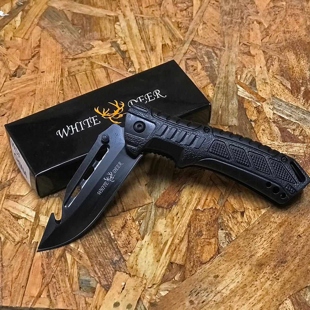 White Deer Gut Hook Spring Assisted Knife Black Blade
