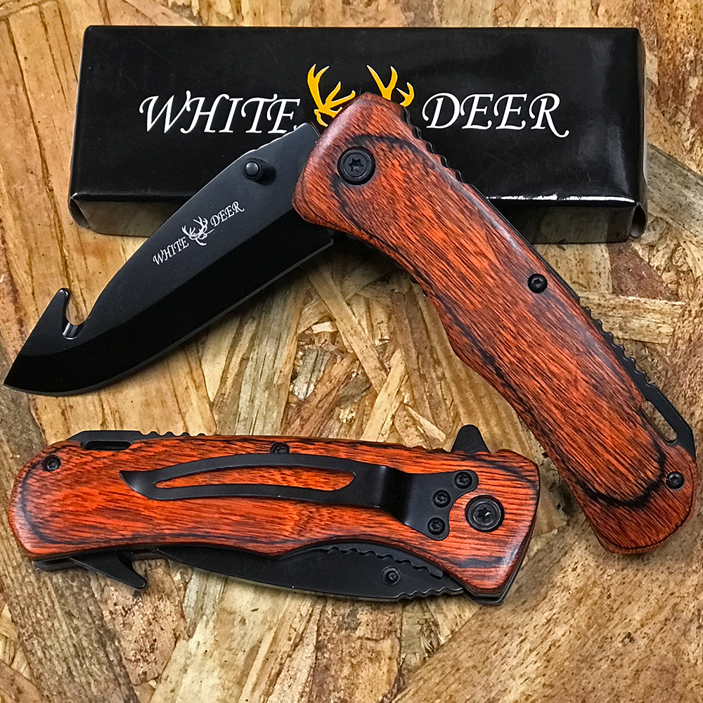 White Deer Gut Hook Frost Wood Handle Spring Assisted Knife