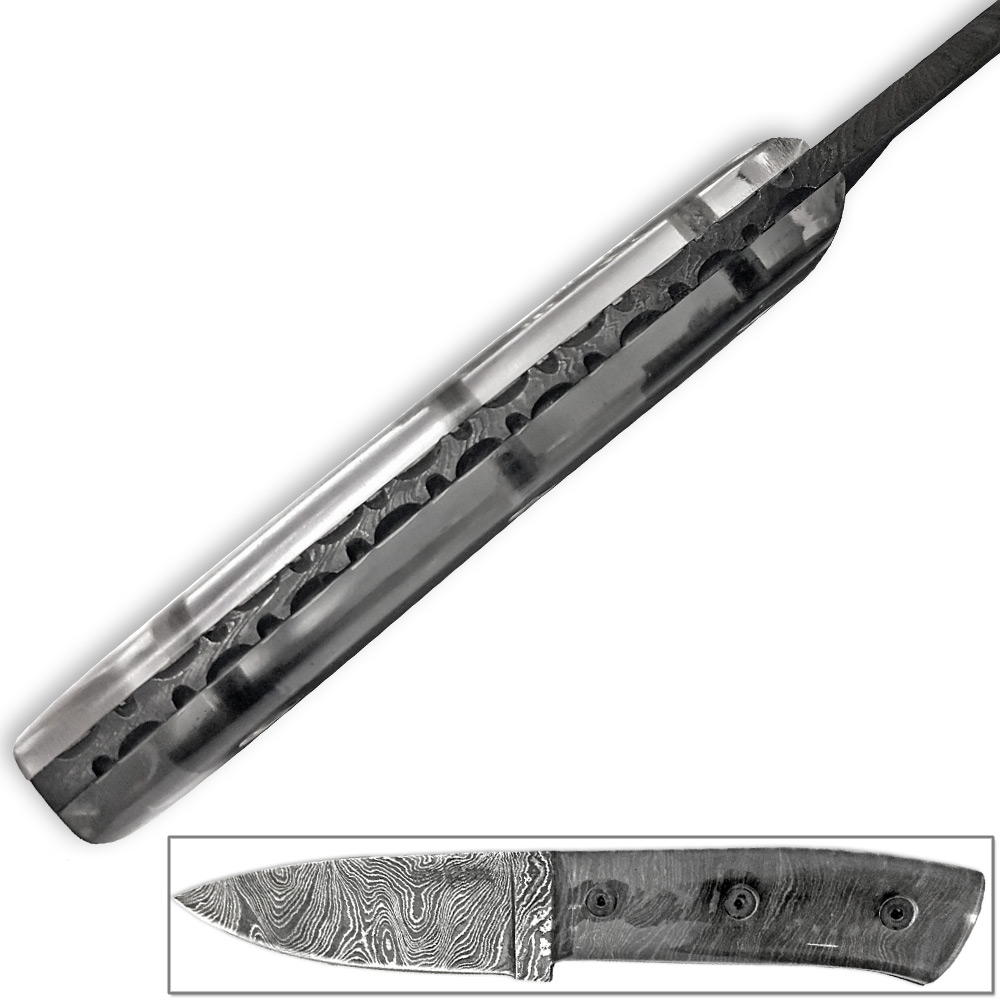White Deer Tactical Polycarbonate Damascus Fixed Blade Knife FULL PATTERN TANG Clear Grips