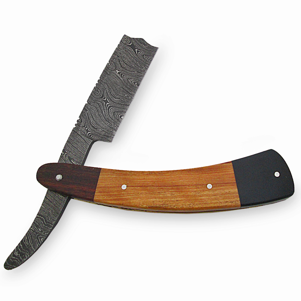 White Deer Shaving Razor Damascus Forged Cocobolo, Olivewood, Buffalo Horn Handle Trio