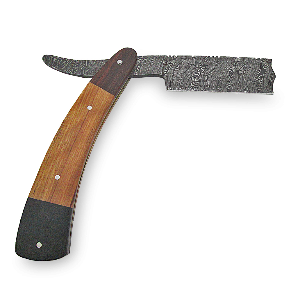 White Deer Shaving Razor Damascus Forged Cocobolo, Olivewood, Buffalo Horn Handle Trio