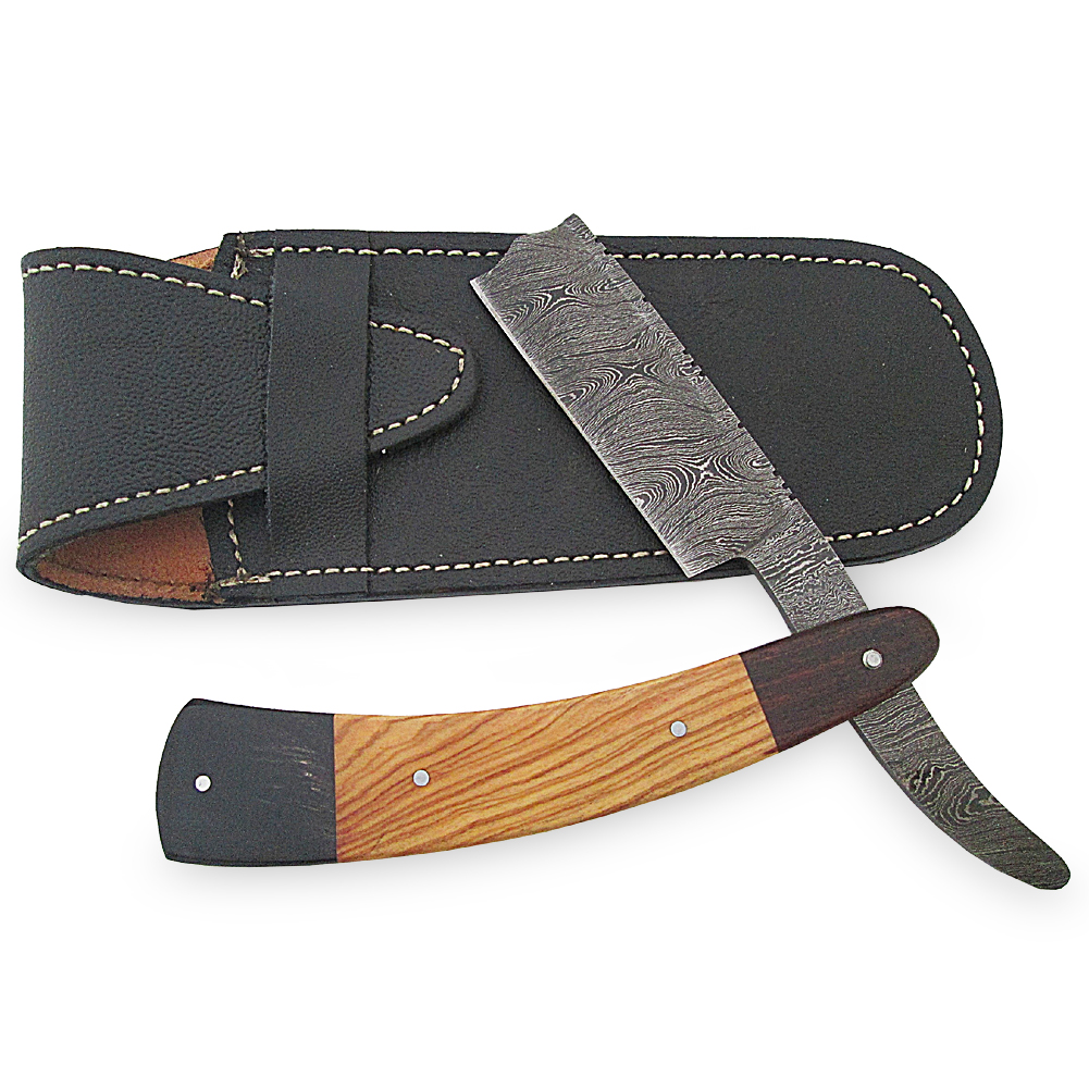 White Deer Shaving Razor Damascus Forged Cocobolo, Olivewood, Buffalo Horn Handle Trio