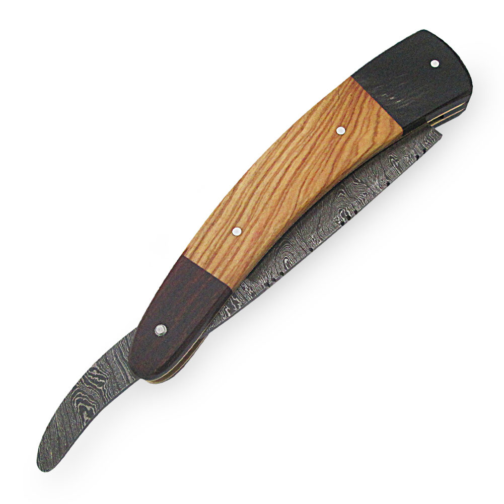 White Deer Shaving Razor Damascus Forged Cocobolo, Olivewood, Buffalo Horn Handle Trio