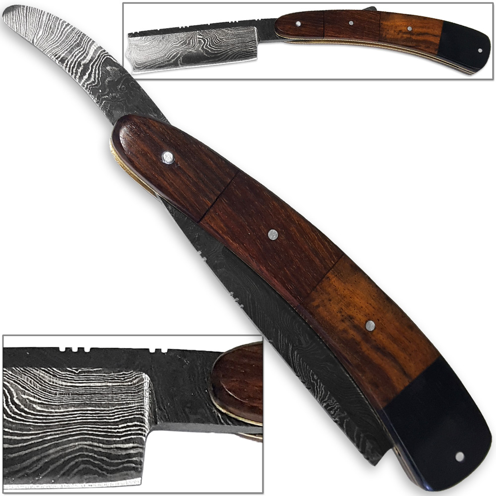 White Deer Damascus Steel Ultra Sharp Straight Razor Shaving - Bison Horn & Walnut Grips