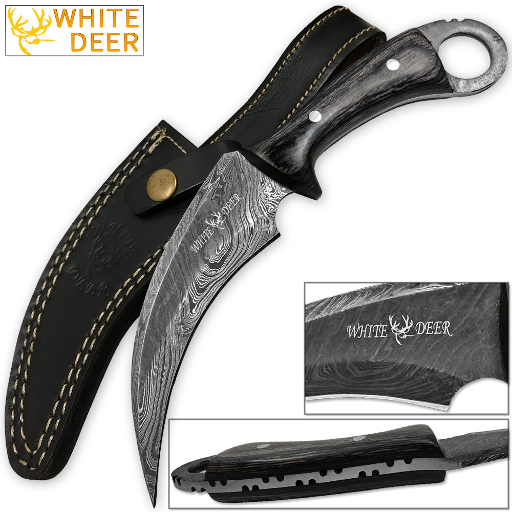 WHITE DEER Mission Tactical Karambit Knife 9.25in Full Damascus Forged Steel