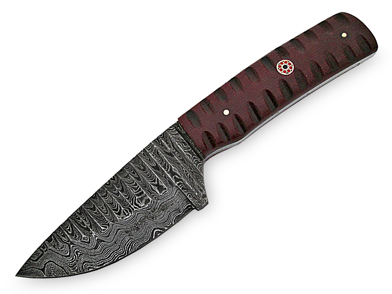 White Deer Custom Grooved Damascus Steel Knife Full Tang Burgundy Micarta Handle