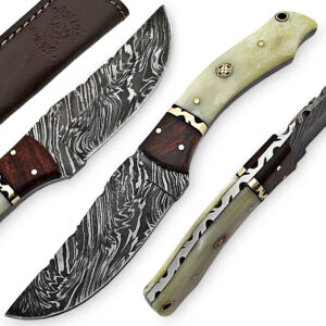 White Deer Executive Strait-Back Damascus Steel Knife Bison Bone & Hardwood Handle