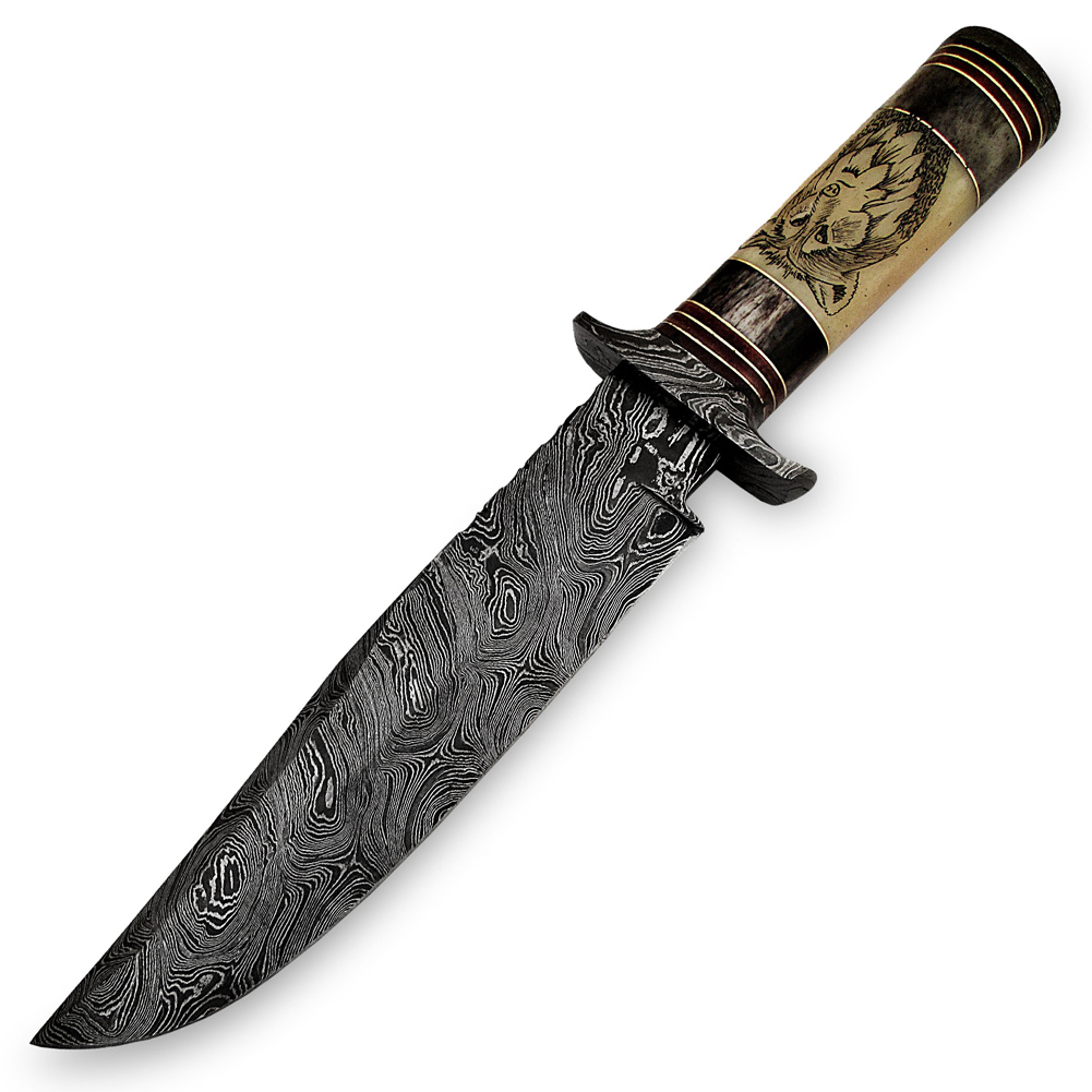 White Deer Damascus Steel 13" Alaska Mountains Wolf Bowie Knife Damascus Guard