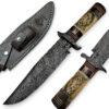 White Deer Damascus Steel 13" Alaska Mountains Wolf Bowie Knife Damascus Guard