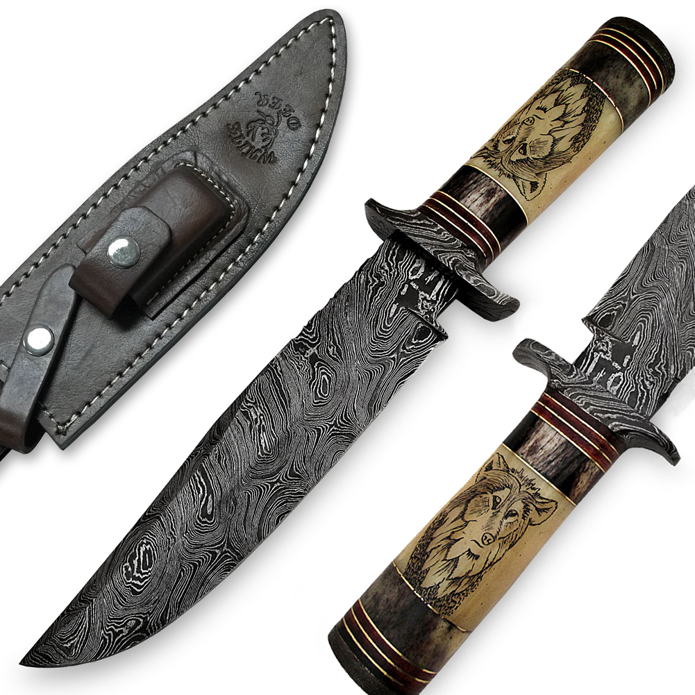 White Deer Damascus Steel 13" Alaska Mountains Wolf Bowie Knife Damascus Guard