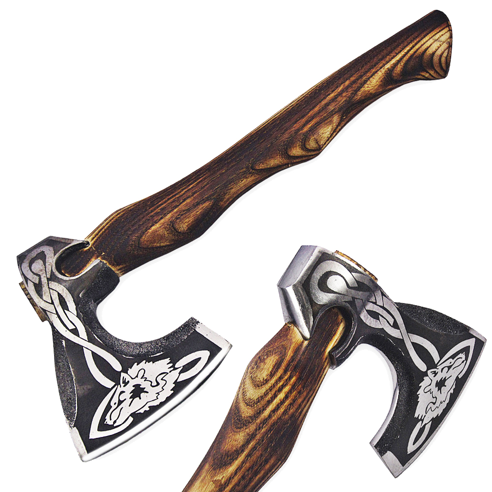Hand forged Scandinavian Wolf Head axe Wood Handle Hatchet